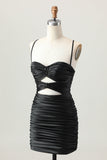 Dark Khaki Ruched Cut-Out Tight Mini Cocktail Dress with Lace Up Back