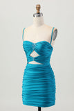 Dark Khaki Ruched Cut-Out Tight Mini Cocktail Dress with Lace Up Back