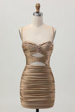 Dark Khaki Ruched Cut-Out Tight Mini Cocktail Dress with Lace Up Back