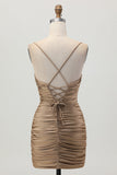 Dark Khaki Ruched Cut-Out Tight Mini Cocktail Dress with Lace Up Back