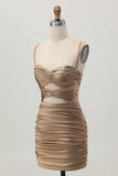 Dark Khaki Ruched Cut-Out Tight Mini Cocktail Dress with Lace Up Back