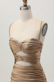 Dark Khaki Ruched Cut-Out Tight Mini Cocktail Dress with Lace Up Back