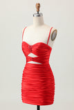 Dark Khaki Ruched Cut-Out Tight Mini Cocktail Dress with Lace Up Back