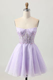 Sparkly A Line Strapless Sequins Lace Up Back Mini Lilac Cocktail Dress with Beading