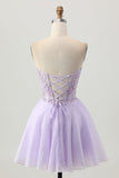 Sparkly A Line Strapless Sequins Lace Up Back Mini Lilac Cocktail Dress with Beading