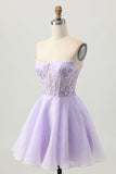 Sparkly A Line Strapless Sequins Lace Up Back Mini Lilac Cocktail Dress with Beading