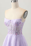 Sparkly A Line Strapless Sequins Lace Up Back Mini Lilac Cocktail Dress with Beading