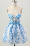 White Blue Flower A Line Corset Tiered Short Prom Dress