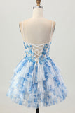 White Blue Flower A Line Corset Tiered Short Prom Dress