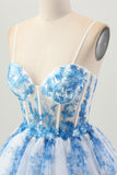 White Blue Flower A Line Corset Tiered Short Prom Dress