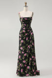 Black Pink Floral Spaghetti Straps Corset A Line Long Bridesmaid Dress
