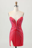 Sparkly Red Beaded Short Tight Cocktail Dress with Slit