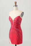 Sparkly Red Beaded Short Tight Cocktail Dress with Slit