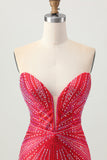 Sparkly Red Beaded Short Tight Cocktail Dress with Slit
