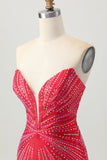 Sparkly Red Beaded Short Tight Cocktail Dress with Slit