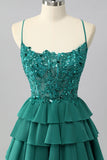 Dark Green A Line Sequins Tiered Cocktail Dress with Appliques