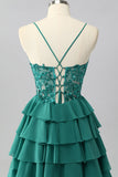 Dark Green A Line Sequins Tiered Cocktail Dress with Appliques