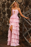 Pink Tiered Ruffle A Line Sweetheart Beaded Cut Out Long Prom Dress with Slit