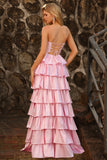 Pink Tiered Ruffle A Line Sweetheart Beaded Cut Out Long Prom Dress with Slit