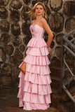 Pink Tiered Ruffle A Line Sweetheart Beaded Cut Out Long Prom Dress with Slit