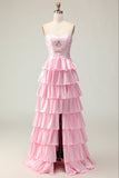 Sweetheart A Line Pink Beaded Tiered Cut Out Long Prom Dress with Ruffles