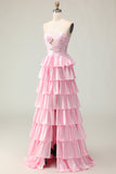 Sweetheart A Line Pink Beaded Tiered Cut Out Long Prom Dress with Ruffles