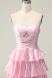 Sweetheart A Line Pink Beaded Tiered Cut Out Long Prom Dress with Ruffles