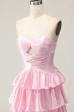 Sweetheart A Line Pink Beaded Tiered Cut Out Long Prom Dress with Ruffles