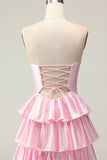 Sweetheart A Line Pink Beaded Tiered Cut Out Long Prom Dress with Ruffles