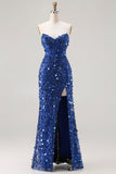 Sparkly Blue Strapless Sheath Sequin Corset Long Prom Dress With Slit
