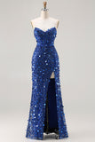 Sparkly Champagne Strapless Sheath Long Prom Dress With Slit