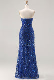 Sparkly Champagne Strapless Sheath Long Prom Dress With Slit