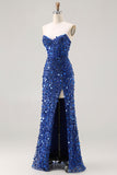 Sparkly Champagne Strapless Sheath Long Prom Dress With Slit