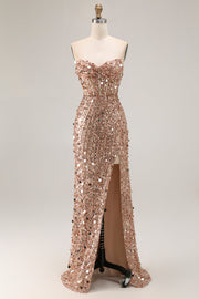 Sparkly Champagne Strapless Sheath Long Prom Dress With Slit