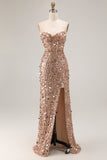 Sparkly Champagne Strapless Sheath Long Prom Dress With Slit