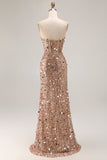 Sparkly Pink Strapless Sheath Sequin Long Prom Dress with Slit