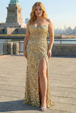 Sparkly Sheath Strapless Corset Long Pink Prom Dress with Slit