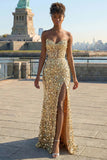 Sparkly Sheath Strapless Corset Long Pink Prom Dress with Slit