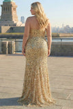 Sparkly Champagne Strapless Sheath Long Prom Dress With Slit