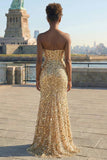Sparkly Blue Strapless Sheath Sequin Corset Long Prom Dress With Slit