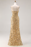 Sparkly Champagne Strapless Sheath Long Prom Dress With Slit