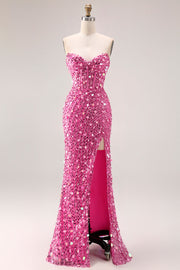 Sparkly Sheath Strapless Corset Long Pink Prom Dress with Slit