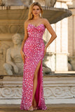 Sparkly Pink Strapless Sheath Sequin Long Prom Dress with Slit