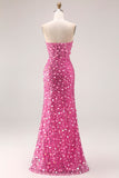 Sparkly Champagne Strapless Sheath Long Prom Dress With Slit