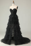 Black A Line Strapless Tiered Ruffle Polka Dots Long Prom Dress with Slit