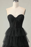 Black A Line Strapless Tiered Ruffle Polka Dots Long Prom Dress with Slit