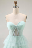 Light Green Strapless A Line Polka Dots Tiered Ruffle Bridesmaid Dress with Slit