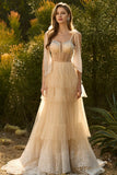 Champagne Corset A Line Ruffled Beaded Long Prom Dress with Lace Up Back