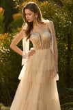 Champagne Corset A Line Ruffled Beaded Long Prom Dress with Lace Up Back