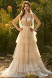 Champagne Corset A Line Ruffled Beaded Long Prom Dress with Lace Up Back